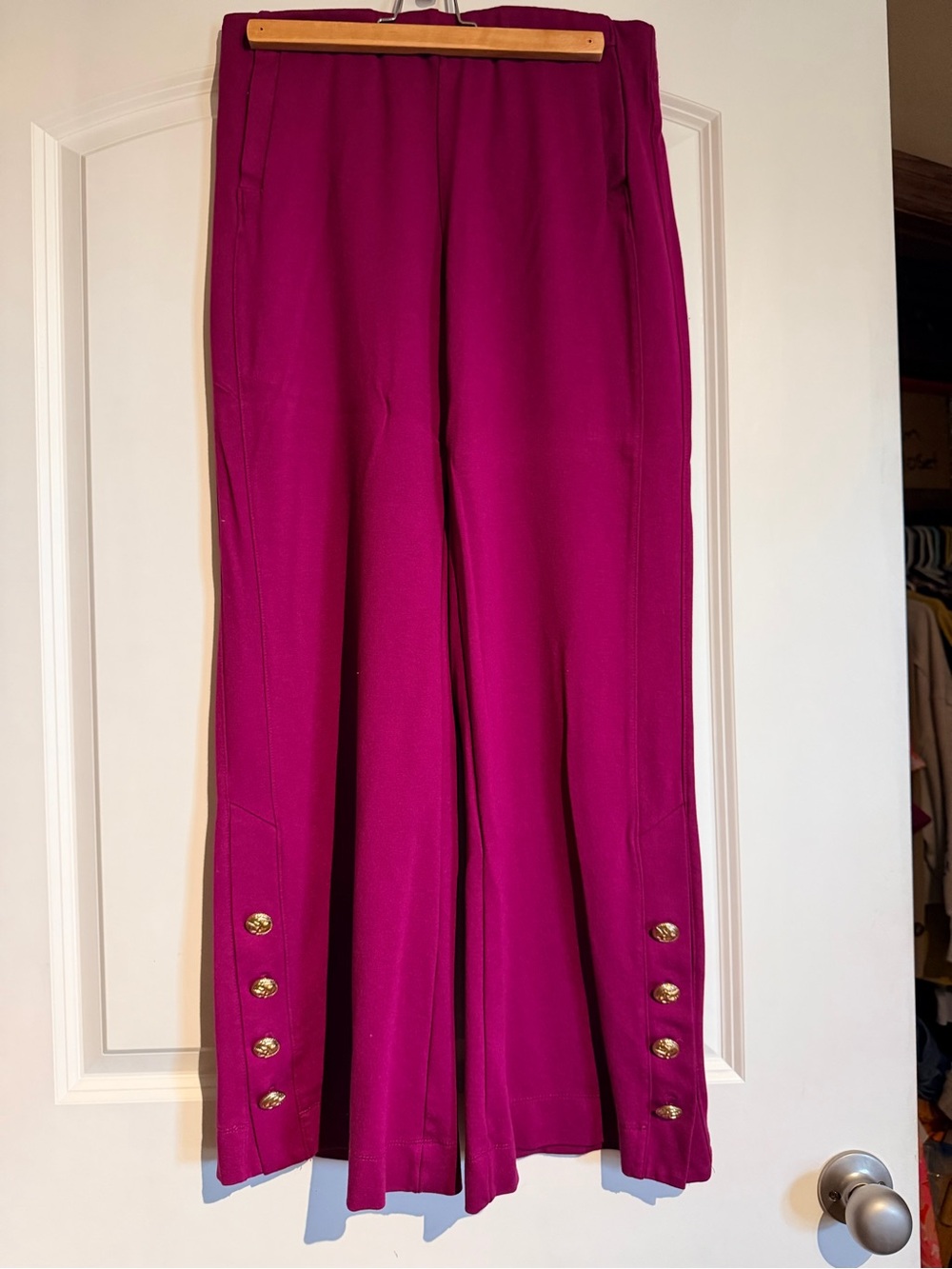 High-Rise Wide-Leg Trousers in Vibrant Magenta with Gold Buttons